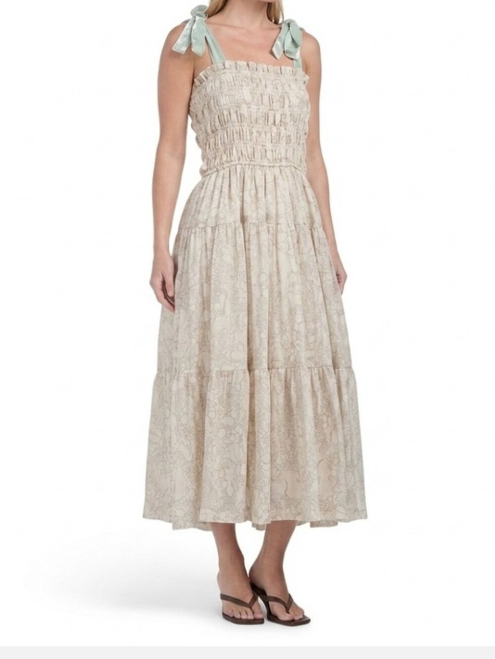En Saison Geraldine Beige Tiered Maxi Dress with Mint Tie Straps